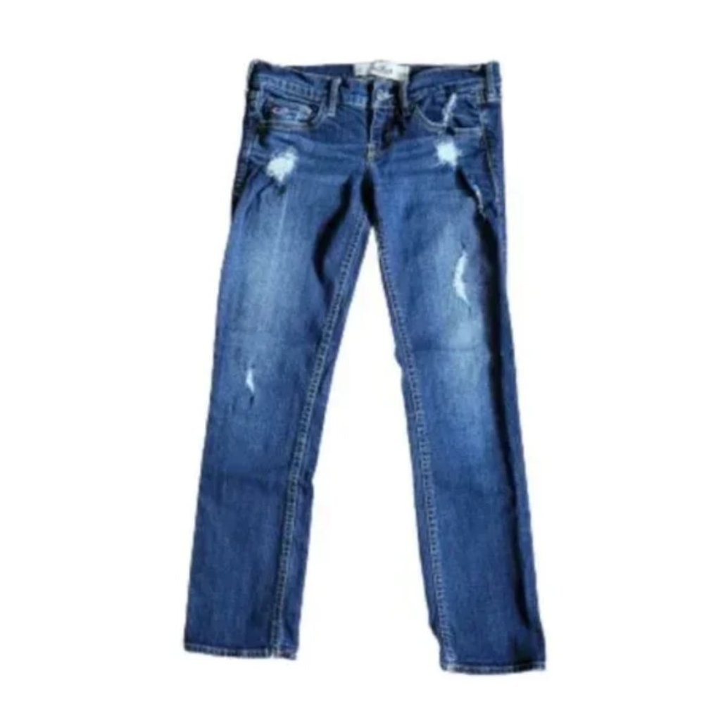 🌸 Womens Hollister Distressed Dark Blue Wash LowRise Jean Capris Size 0